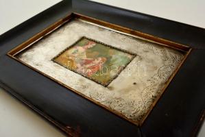 Életkép, matricás porcelán kép, jelzett ezüst (Ag.) foglalatban, hajszálrepedésekkel a porcelánon, f...