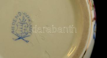 Fogantyús ón-porcelán gyertyatartó, kézzel festett, jelzett Viktória mintás Herendi, lekopásokkal, m...