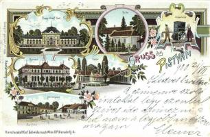 Pöstyén, Piestany; Franz Josef Bad, Kirche, Kurhaus, Bäder, Herrengasse, Infanterist / fürdő, templom, gyógyterem, utcakép, kerékpár, beteghordó, infanterista / spa, church, bicycle, street view, spa carriage, Kunstanstalt Karl Schwidernoch floral Art Nouveau litho (EB)