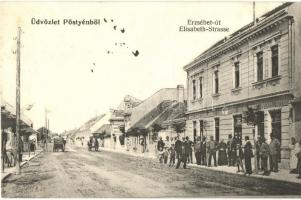 Pöstyén, Piestany; Elisabeth Strasse / Erzsébet út, üzletek, Gipsz H. kiadása / street view, shops