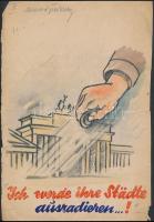 Sostarics Lajos (1896-1968): Ich werde ihre Stadte ausradieren...!, propaganda plakát terv, vegyes technika, papír, kis szakadásokkal, jelzés nélkül, 29×20 cm