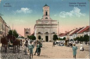 Poprád (Tátra); Hauptplatz / Fő tér, templom, piac / main square, church, market (EK)