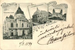 1899 Pécs, Fünfkirchen; Nemzeti színház, Kereskedelmi és iparkamara, székesegyház. Floral (EK)