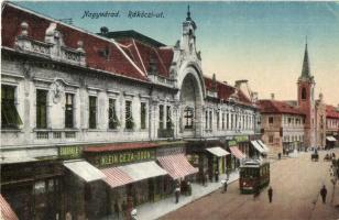 Nagyvárad, Oradea; Rákóczi út villamossal, Barabás B., Klein Géza és Ödön és Újhelyi Róza üzlete / street with tram, shops (EK)