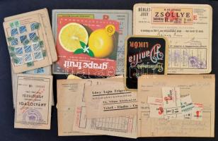 cca 1900-1950 Vegyes papírrégiség tétel (bélyegfüzet, étlap, utazási prospektus, tüzelőjegy, italcím...
