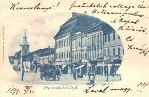 1899 Marosvásárhely, Targu Mures; Fő tér, templom, Gönczy Árpád és Widder Antal üzlete. Bogdanffy István kiadása / square, church, shops