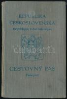 1936-1938 Csehszlovák útlevél, fényképpel, csehszlovák és magyar okmánybélyegekkel, számos bejegyzéssel, köztük a pozsonyi magyar konzulátus bejegyzéseivel, egészvászon-kötésben./ 1936-1938 Czechoslovakian passport, with photo, with Czechoslovakian and Hungarian documentary stamps.  Czechoslovakian passport