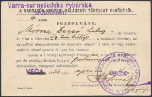 1936 Varrasúr-Negyedi Halászati Társulat igazolványa, pecséttel, aláírással.
