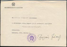 1955 Bognár József (1917-1996) belkereskedelmi miniszter aláírása, egy minisztériumi &quot;dicséretben&quot; részesítő okmányon.