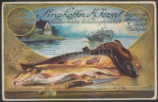 cca 1910 Singhoffer M. József halászmester és halnagykereskedő Budapest, Központi Vásárcsarnok; grafikus reklámkártya, 9×14 cm