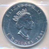 Kanada 1991. 5D Ag "II. Erzsébet" lezárt "RMC (Royal Canadian Mint)" fóliatokban (31,1g/0.999) T:1 Canada 1991. 5 Dollars Ag "Elisabeth II" in enclosed "RMC (Royal Canadian Mint)" foil packaging (31,1g/0.999) C:UNC Krause KM#187