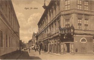 Eger, Fő utca, Kardos Sándor divatáruháza, Hecser Béla üzlete, sírkoszorúk nagyraktára (EK)