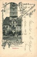 Nagyszeben, Hermannstadt, Sibiu; Városi torony, Verlag A. von Palocsay / city tower, floral Art Nouveau (EB)