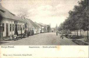 Borgóprund, Prundu Bargaului; Fő utca és üzlet. J. Checinski kiadása / Hauptstrasse / Strada principala / main street, shop (EB)
