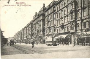 Budapest VII. Erzsébet körút, pénzváltó bank, Leopold Gyula üzlete, villamos lámpa reklámmal (EK)