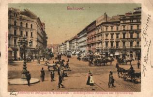 Budapest VI. Andrássy út (Oktogon) és Teréz körút, Fuchs Fülöp, Ernyei Lajos, Komlódi Jakab üzletei, Cselédintézet, Dankó Lőrincz kiadása (Rb)