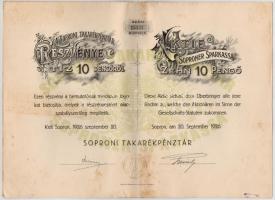 Sopron 1926. Soproni Takarékpénztár részvénye 10P-ről, magyar és német nyelvű, szárazpecséttel (2x) sorszámkövető pár T:II,II-