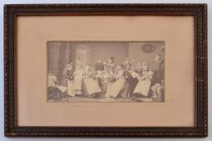 cca 1895 Nemes kisasszonyok varrnak, csoportkép, hátoldalán a szereplők azonosításával: Ugron Gáborn...