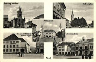 Técső, Tacovo; Római katolikus és református templomok, Fő tér, M. kir járásbíróság, Román hegyek, Korona szálloda / churches, main square, court, Romanian mountains, hotel (EK)