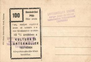 Szentes, posta. Untermüller Ernő kiadása; Hátoldalon Kultura és Untermüller Testvérek Bevásárlási je...