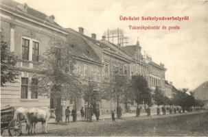 Székelyudvarhely, Odorheiu Secuiesc; Takarékpénztár és posta, ökörszekér / savings bank, post office, oxen cart