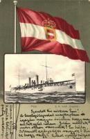 SMS Szigetvár, a K.u.K. Zenta-osztályú védett cirkáló Polánál, zászlós litho keret / K.u.K. Kriegsmarine SMS Szigetvár, flag litho frame. M. Clapis