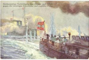 Heldenmütige Verteidigung der Zenta und Ulan gegen die vereinigte französische und englische Flotte. Offizielle Postkarte des Österr. Flottenvereines zugunsten der Kriegsfürsorge / K.u.K. Kriegsmarine art postcard, SMS Zenta and SMS Ulan s: Alex Kircher