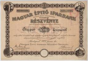 Budapest 1923. "Magyar Épitő Iparbank" huszonöt darab részvénye összesen 5000K-ról, bélyeg...
