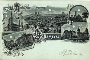 1898 Bamberg, Schönleinplatz, Sternwarte, Michelsberg, Altenburg, Dom / square, look out tower, castle, church. Floral, Art Nouveau, litho