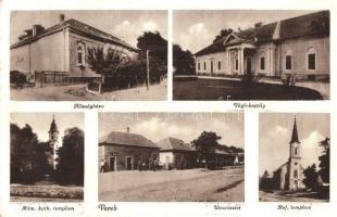 Vereb, Községháza, Végh kastély, római katolikus és református templomok, utcakép üzlettel (EK)