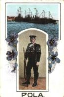 Pola, K.u.K. Kriegsmarine mariner with battle ships in the port. Floral. C. Fano / K.u.K. III. Seebataillon 10. Marschkompagnie