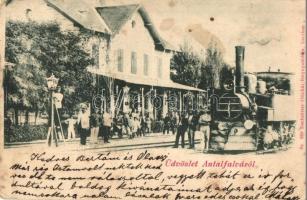 1899 Antalfalva, Kovacica; Vasútállomás, gőzmozdony, vasutasok, Rechnitzer Ottokár kiadása / railway station, locomotive, railwaymen (EB)