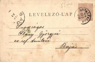 1899 Antalfalva, Kovacica; Vasútállomás, gőzmozdony, vasutasok, Rechnitzer Ottokár kiadása / railway...