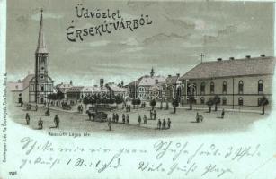 Érsekújvár, Nové Zamky; Kossuth Lajos tér, Conlegner J. és Fia kiadása / square, metallic Art Nouveau litho (EB)