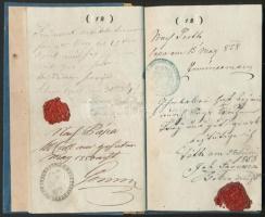1858 Vándorló könyv baksafalvi péklegény részére sok pecséttel, bejegyzéssel, két bizonyítvánnyal / ...