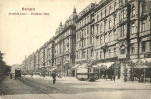 Budapest VII. Erzsébet körút, villamos lámpa reklámmal, Leopold Gyula üzlete, pénzváltó bank (EK)