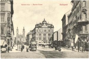 Budapest VIII. Baross utca, 197-es számú villamos, Bodó kávéház, Korányi és Fröhlich redőnygyára, kalap- és vaskereskedés (EK)