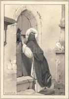 K. Sávely Dezső: Szt. Erzsébet megcsókolja a kilincset rajz vegyes technika 23x16cm
