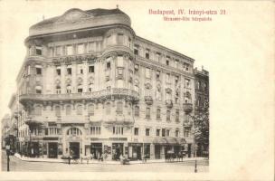 Budapest V. Irányi utca és Veres Pálné utca sarok, Strasser-féle bérpalota, Sacher penzió, dohányáruda, Bálint József üzlete