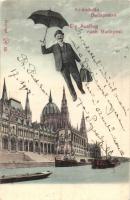 Budapest V. Országház, Kirándulás Budapestre, esernyős repülő úriember montázs / Ein Ausflug nach Budapest / flying gentleman with umbrella montage (EK)