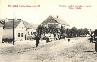Bodrogkeresztúr, Fő utca, városháza, posta, állami iskola, kutya, Hellinger Dávid kiadása (EK)