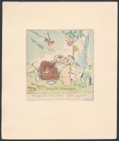 Vadász Endre (1901-1944): Jó étvágyat!, humoros alkalmi kisgrafika, színezett rézkarc, papír, jelzett a rézkarcon, 8×8 cm