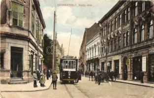 Szombathely, Király utca, 4-es számú villamos, Fehér Béla órás és ékszeres, Unger papírkereskedése, Turul cipőüzlet (lyuk / pinhole)