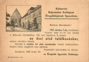 1939 Kolozsvár, Cluj; Református Kollégium Öregdiákjainak Egyesülete. Őszi első találkozó meghívó / boarding school, invitation