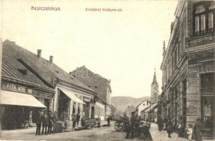 Resicabánya, Resita; Erzsébet királyné út, Róth Mór és Deutsch Vilmos üzlete / street view, shops