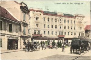 Temesvár, Timisoara; Szent György tér, Leitenbor József és Gresham üzlete, lovas fogatok / street view, shops, horse-drawn carriages (EK)