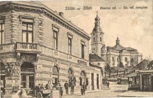 Zilah, Zalau; Református templom, utcakép, Stern R. és Materny János üzlete / street view, shops, church