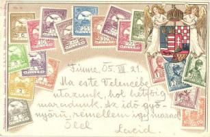 Magyar bélyegek, angyalkás-címeres dombornyomott litho lap / Hungarian stamps, angles, coat of arms, Philatelie-Ansichtskarte Ottmar Zieher No.16. Emb. litho (EK)