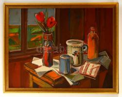 Baticz Levente (1941-): Asztali csendélet. Olaj, farost, jelzett, kertben, 60×80 cm