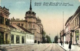 Belgrade, Kralja Milana ulica sa dvorom / König Milanstrasse, königl. Palais / street view with palace, shops (EK)